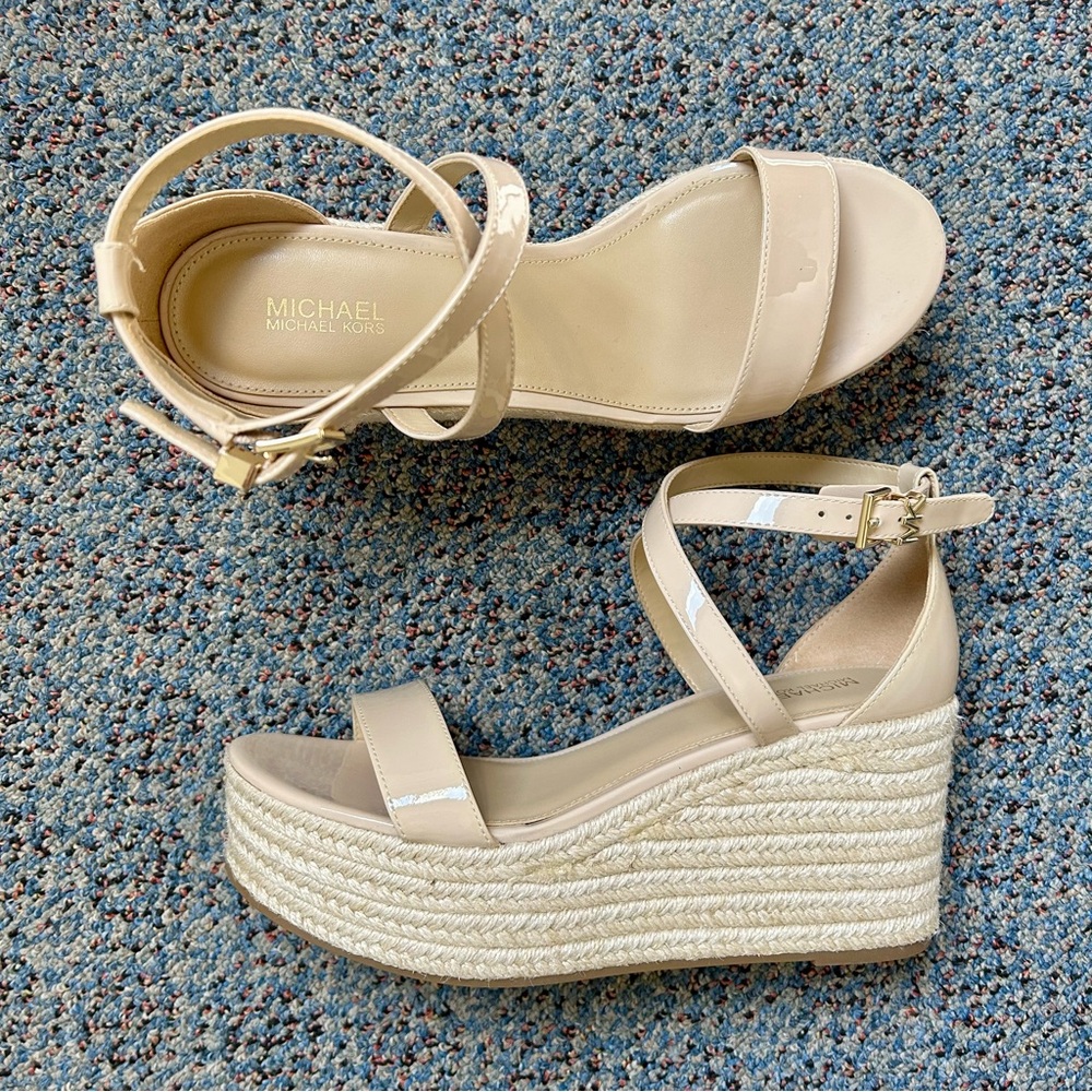 Michael Kors Beige Patent Leather Espadrille Wedge Sandals